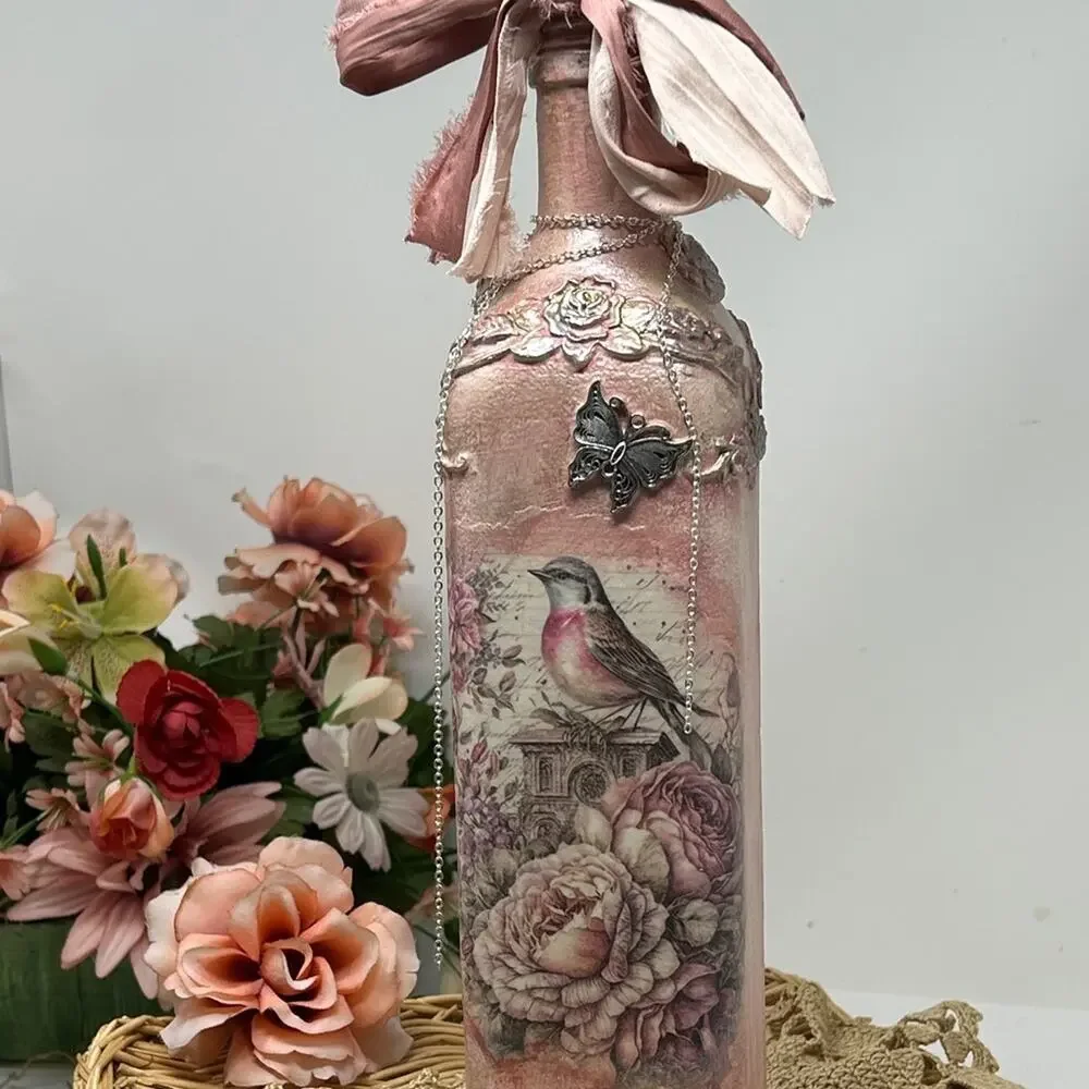 Charming Pink Bird and Floral  Hand Crafted Decorative Bottle